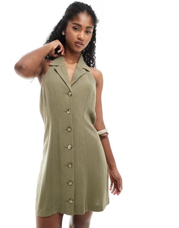 ミスセルフフリッジ レディース トップス ワンピース ミニワンピース ミニ リネン ホルター Miss Selfridge linen blend collared halter mini dress