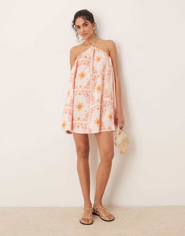 エイソス レディース トップス ワンピース ミニワンピース プリント ミニ コットン ASOS DESIGN cotton trapeze mini dress in print Print