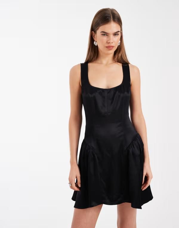 エイソス レディース トップス ワンピース ミニ サテン ASOS DESIGN satin square neck corset mini dress Black ブラック