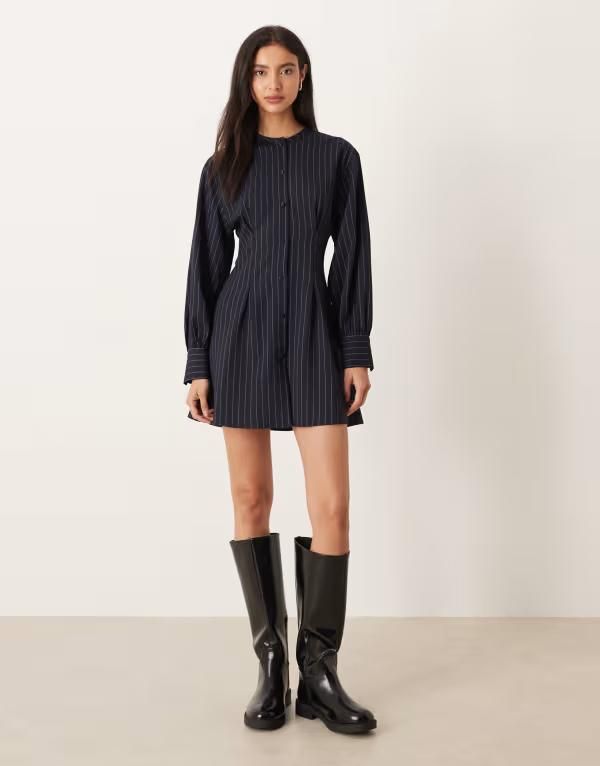 エイソス レディース トップス ワンピース シャツワンピース シャツ ASOS DESIGN collarless cinched shirt dress and white stripes Blac