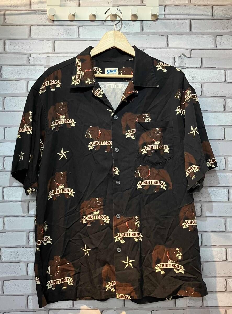 SCHOTT ショット アロハシャツ ブルドッグ柄 オープンカラー Lサイズ アメリカンカジュアル