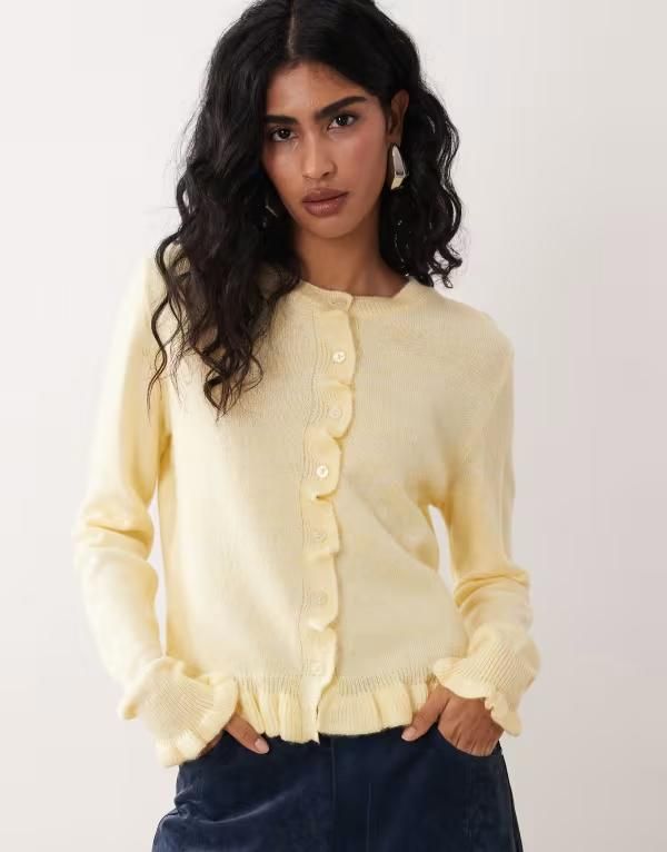 ジェイディーワイ レディース アウター カーディガン ニット JDY frill details knit cardigan in pastel yellow Pastel Yellow イエロー