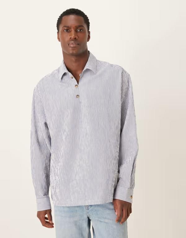 エイソス メンズ トップス シャツ ASOS DESIGN oversized overhead seersucker striped shirt BLUE ブルー