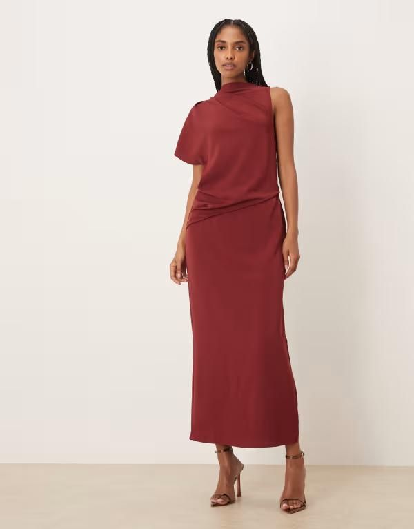 エイソス レディース トップス ワンピース ドレープ ASOS DESIGN draped one sleeve slinky dress Burgundy バーガンディ