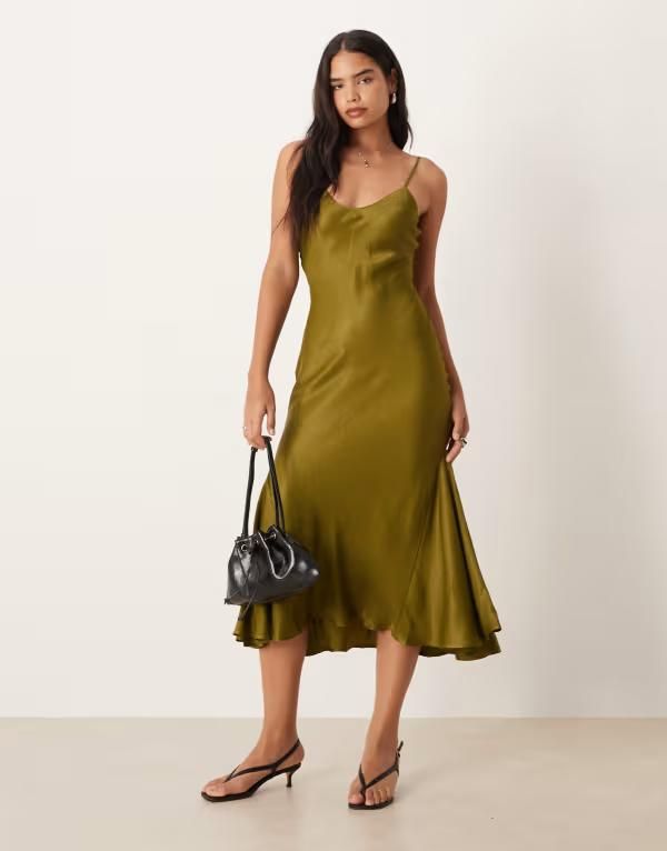 エイソス レディース トップス ワンピース Vネック ミディワンピース ミディ サテン ASOS DESIGN v neck cami satin slip midi dress in olive O