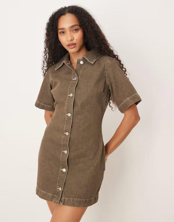 エイソス レディース トップス ワンピース シャツワンピース シャツ デニム ASOS DESIGN fitted denim shirt dress in olive OLIVE GREEN グリー
