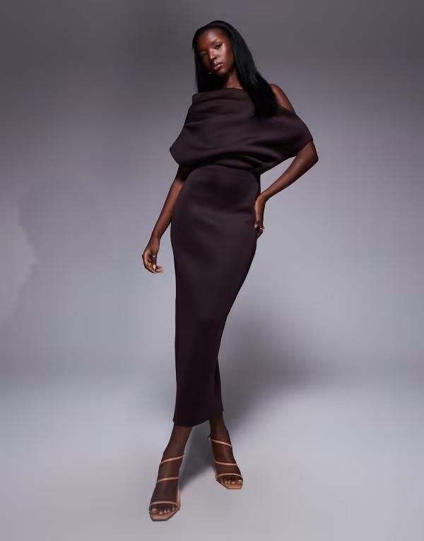 エイソス レディース トップス ワンピース ミディワンピース ミディ スキューバ ASOS DESIGN dramatic neckline scuba midi dress in chocolate