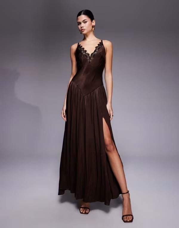 バードット レディース トップス ワンピース レーストリム サテン レース マキシ Bardot Aderia lace trim plunge neck slit front satin maxi