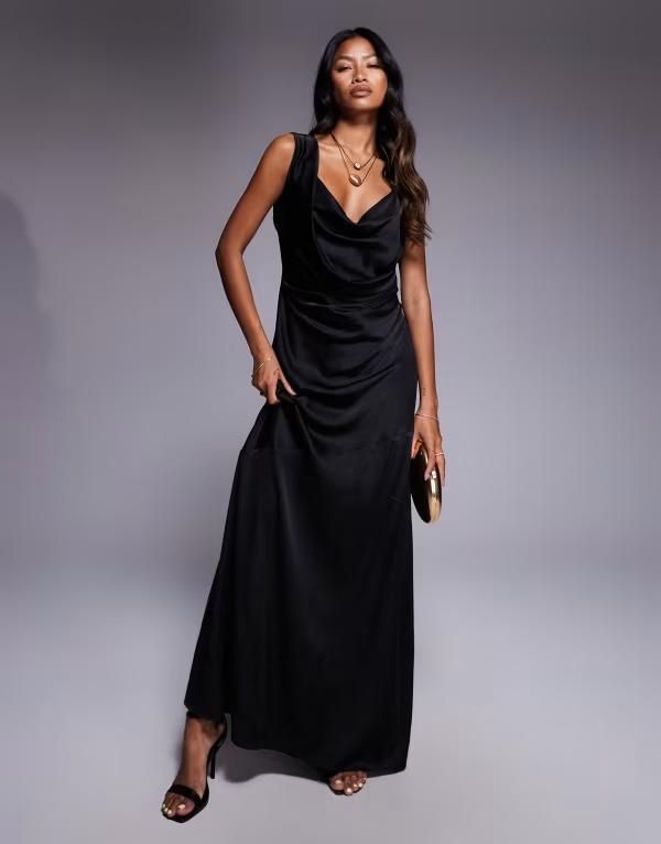 ティエフエヌシー レディース トップス ワンピース サテン マキシ TFNC one shoulder maxi dress with crosstrap back satin Black ブラック
