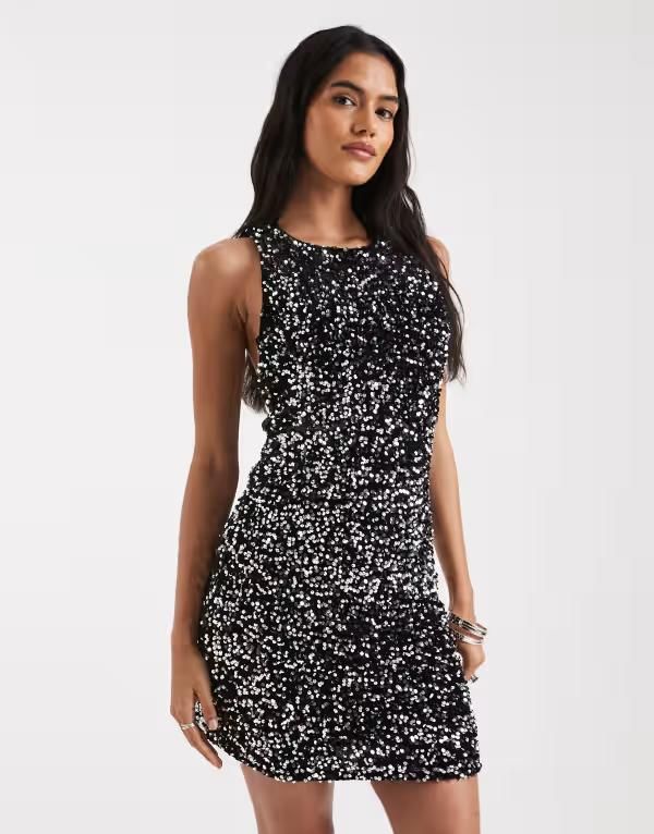 ヴェロモーダ レディース トップス ワンピース ミニ スパンコール Vero Moda textured sequin bow back mini dress and BLACK SILVER SEQ