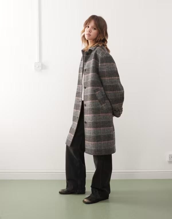 モンキ レディース アウター ジャケット・ブルゾン ウール コート Monki hairy faux wool coat plaid Gray Check グレー