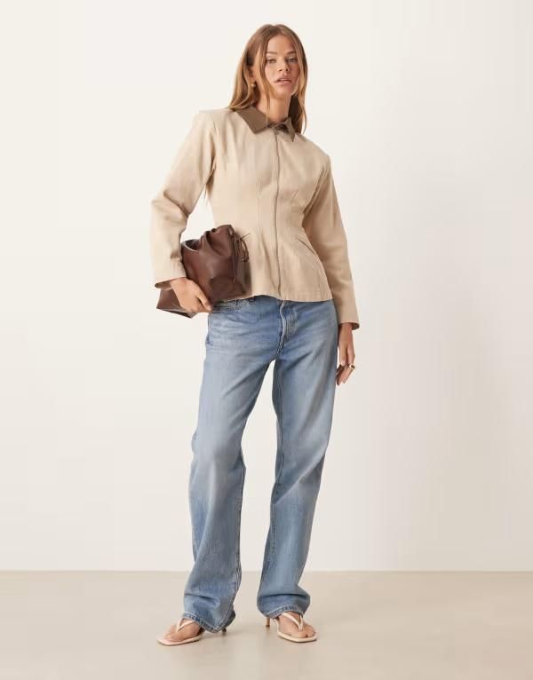 エイソス レディース アウター ジャケット・ブルゾン デニム ジャケット ASOS DESIGN denim cinched barn jacket in stone STONE ストーン