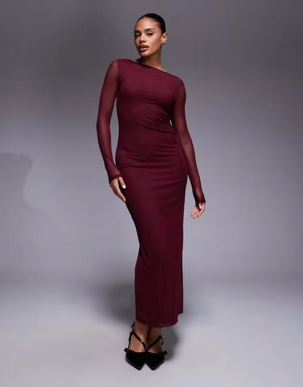 エイソス レディース トップス ワンピース ミディワンピース メッシュ ミディ ASOS DESIGN mesh long sleeve midi dress Burgundy バーガンディ
