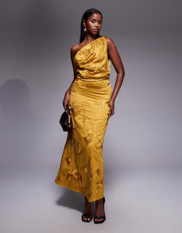 エイソス レディース トップス ワンピース ドレープ 刺繍 ASOS DESIGN embroidered one shoulder tuckedraped midaxi dress in ocher
