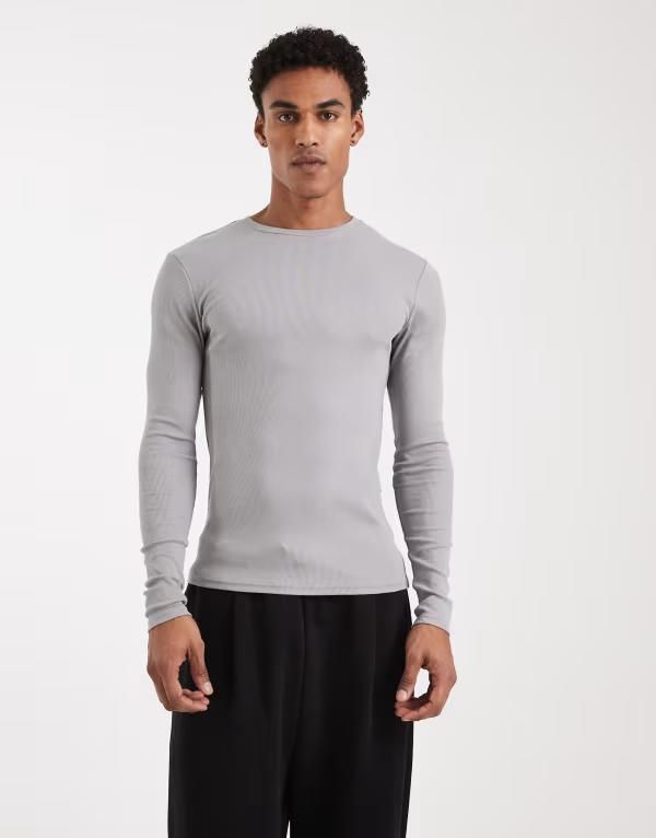 エイソス メンズ トップス Tシャツ ASOS DESIGN Essentials muscle fit long sleeve Tshirt in light gray rib ULTIMATE G