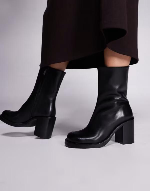 エイソス レディース シューズ ブーツ・レインブーツ アンクル ブーツ レザー ヒール ASOS DESIGN Remy premium leather heeled ankle boots BLAC