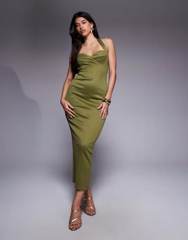 エイソス レディース トップス ワンピース ミディワンピース ミディ ASOS DESIGN structured corseted midi dress in olive Olive オリーブ