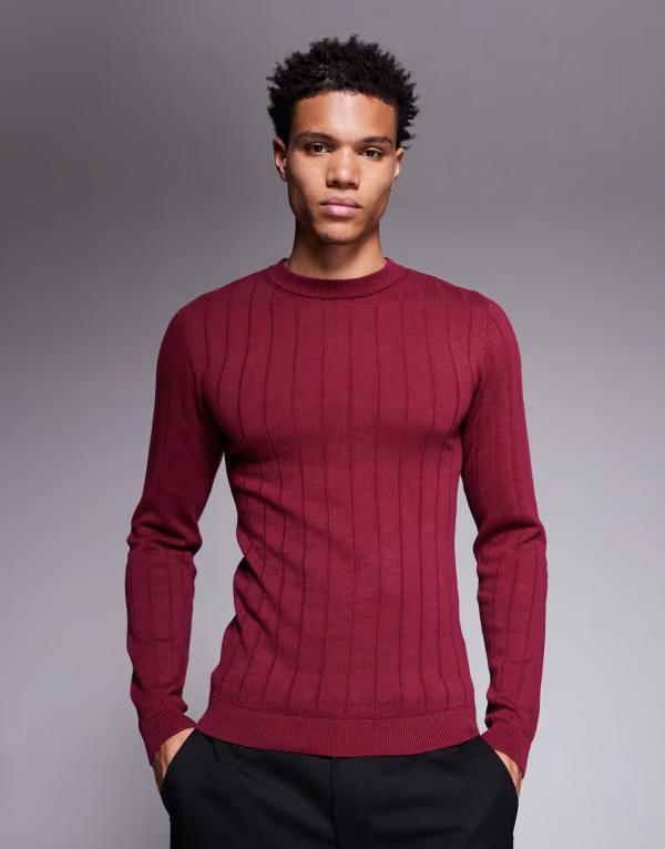 エイソス メンズ トップス Tシャツ リブ シャツ ニット ASOS DESIGN muscle fit long sleeve knit ribbed Tshirt Burgundy バーガンディ