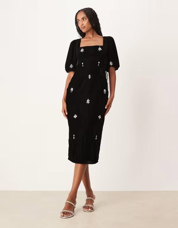 ホープ＆アイビー レディース トップス ワンピース ミディワンピース ミディ ベルベット Hope Ivy square neck embellished velvet midi dress Blac