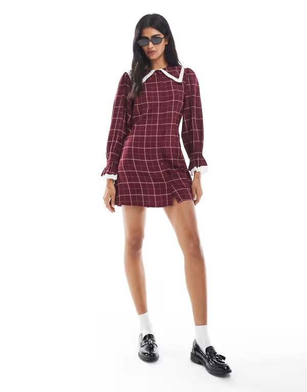 ウェンズデーガール レディース トップス ワンピース ミニワンピース ミニ Wednesdays Girl grid check collar detail mini dress Burgundy バ