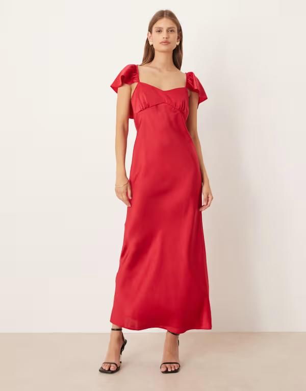 エイソス レディース トップス ワンピース ミディワンピース ミディ サテン ASOS DESIGN flutter sleeve satin midi dress in dark Dark Red