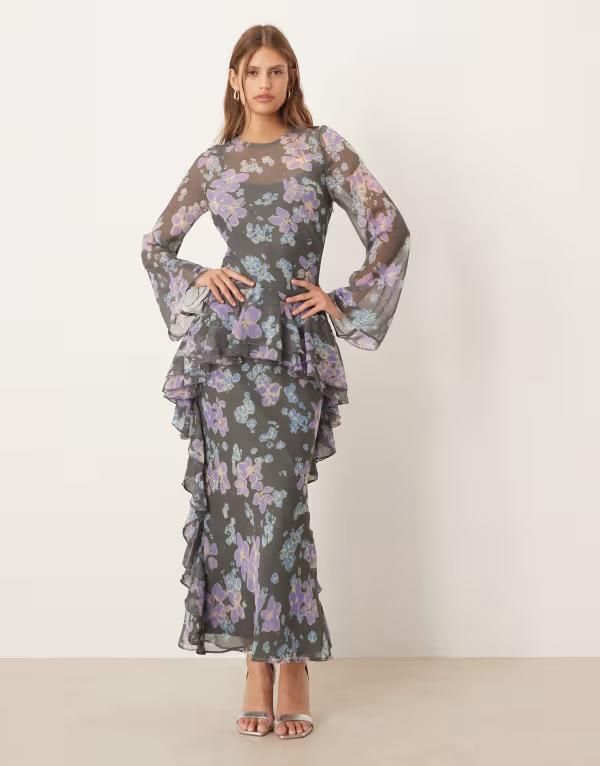 エイソス レディース トップス ワンピース シフォン フラワー柄 マキシ フラワー ASOS DESIGN long sleeve frill hem chiffon maxi dress flora