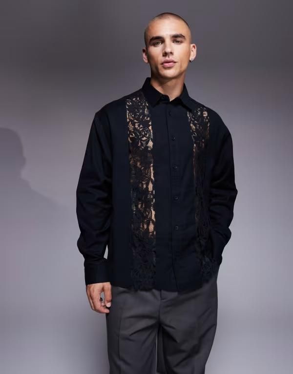 エイソス メンズ トップス シャツ レース ASOS DESIGN relaxed shirt with lace insert Black ブラック