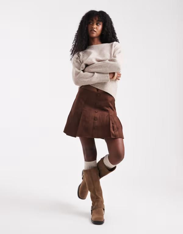 エイソス レディース ボトムス スカート スエード ASOS DESIGN suedette button front skort Brown ブラウン