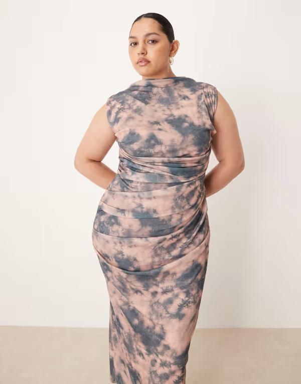エイソス レディース トップス ワンピース ミディワンピース プリント ギャザー メッシュ ミディ ノースリーブ ASOS Curve ASOS DESIGN Curve mesh sleeveles