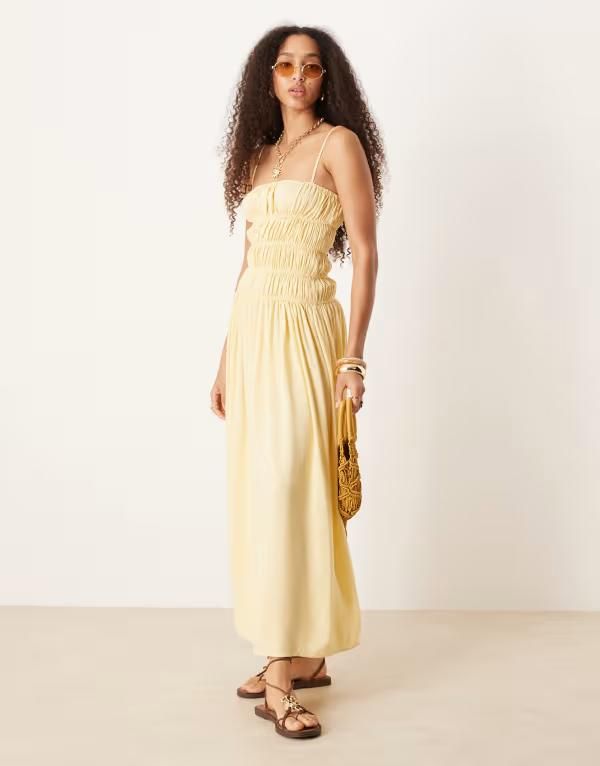 エイソス レディース トップス ワンピース マキシワンピース リネン マキシ ASOS DESIGN linen blend shirred maxi dress in buttermilk Butt
