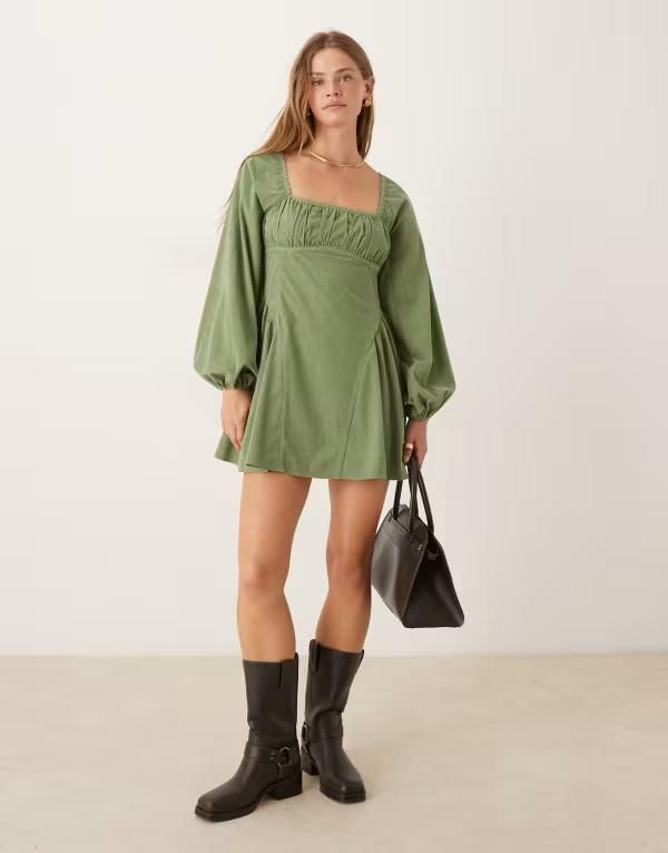 エイソス レディース トップス ワンピース レーストリム ミニワンピース ミニ レース ASOS DESIGN cord square neck gathered bust mini dress wi