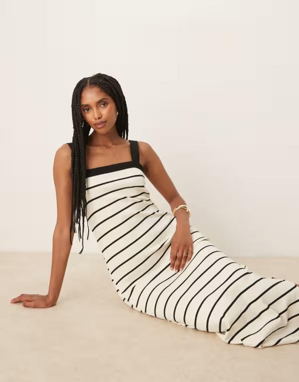 マンゴ レディース トップス ワンピース Mango square neck striped straight fit midaxi dress WHITE ホワイト