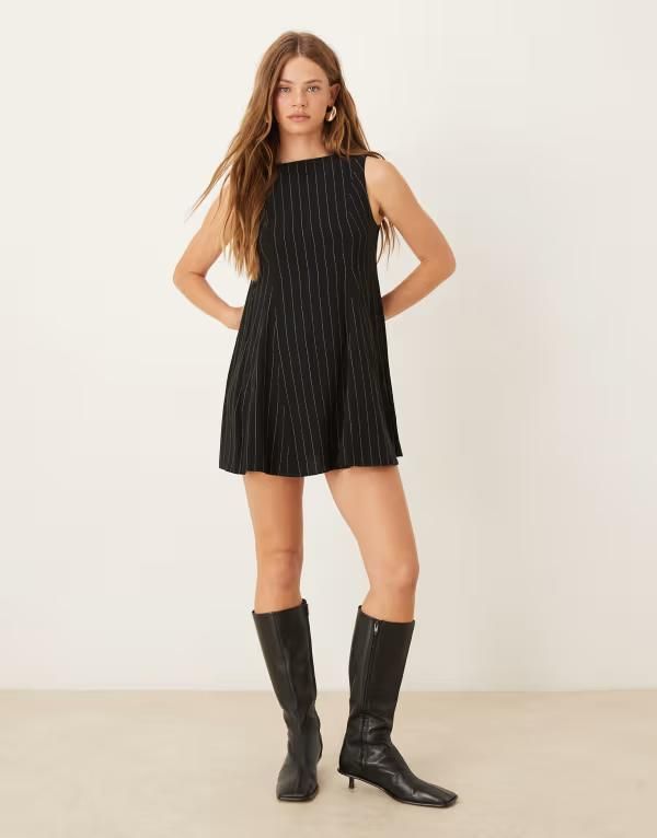 エイソス レディース トップス ワンピース ミニ リネン ASOS DESIGN linen look mini shift dress stripes black linen look ブラック