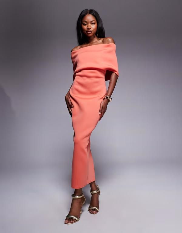 エイソス レディース トップス ワンピース ケープデザイン ミディワンピース ミディ スキューバ キャップ ケープ ASOS DESIGN scuba deep off the shoulder mi