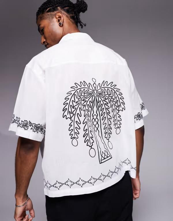 エイソス メンズ トップス シャツ プリント ASOS DESIGN boxy oversized camp collar shirt with back print WHITE ホワイト