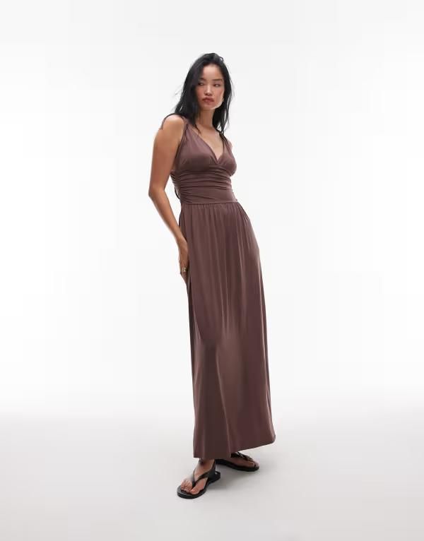 トップショップ レディース トップス ワンピース マキシワンピース ギャザー マキシ Topshop ruched waist cami maxi dress in chocolate Chocola