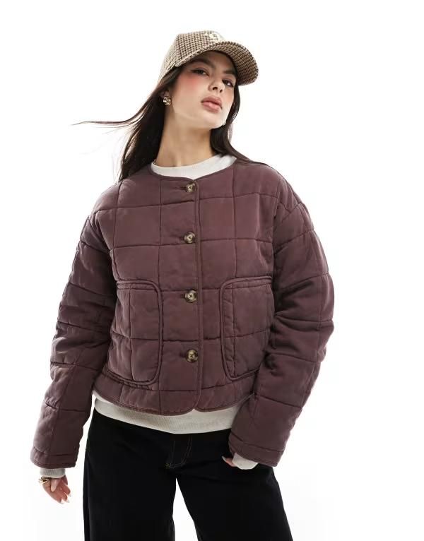 エイソス レディース アウター ジャケット・ブルゾン キルティング クロップド ジャケット ASOS DESIGN cropped collarless quilted jacket in choco