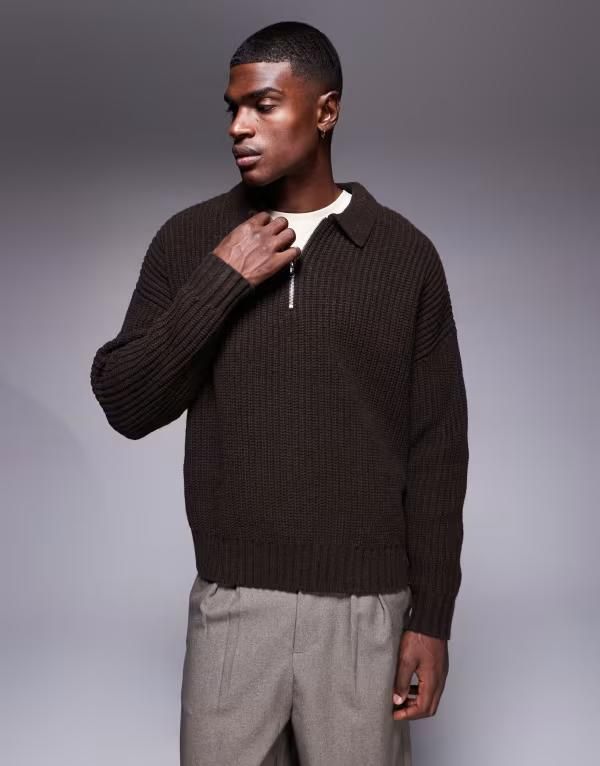 エイソス メンズ トップス ポロシャツ ハーフジップ ウール セーター ニット ASOS DESIGN oversized boxy fit heavyweight knit wool blend q