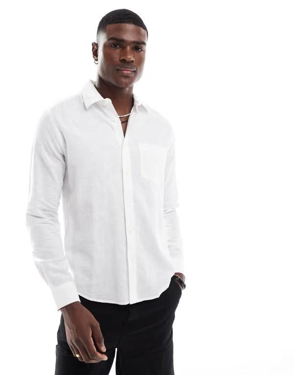 オンリーアンドサンズ メンズ トップス シャツ リラックスフィット リネン ONLY SONS relaxed fit linen mix long sleeve shirt White ホワイト