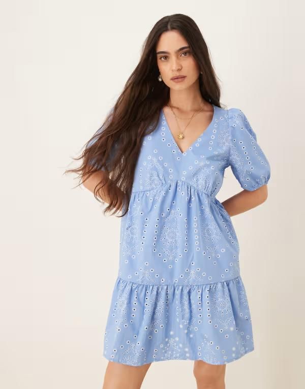 ジェイディーワイ レディース トップス ワンピース ミニワンピース ミニ JDY dropped waist mini dress with embroidery BLUE ブルー