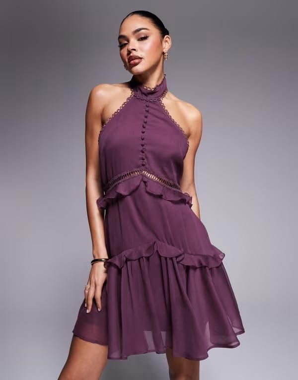 エイソス レディース トップス ワンピース ティアード ミニワンピース ミニ レース ホルター ASOS DESIGN lace insert halter tiered mini dress in