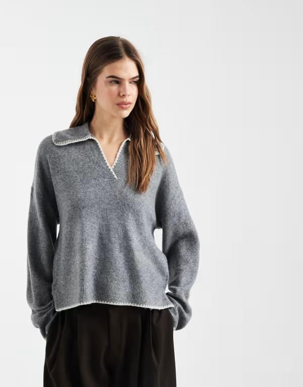 オンリー レディース トップス ポロシャツ コントラスト ニット ONLY contrastitching knit polo shirt Gray グレー