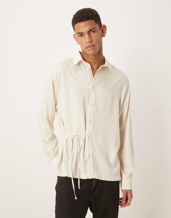 エイソス メンズ トップス シャツ タイディテール ASOS DESIGN relaxed shirt with tie detail in cream クリーム