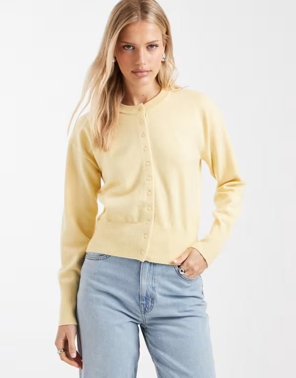オンリー レディース アウター カーディガン ニット ONLY waist detail knit cardigan in pale yellow イエロー