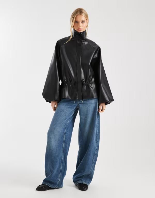 エイソス レディース アウター ジャケット・ブルゾン ASOS DESIGN gathered waist bubble pu jacket black ブラック