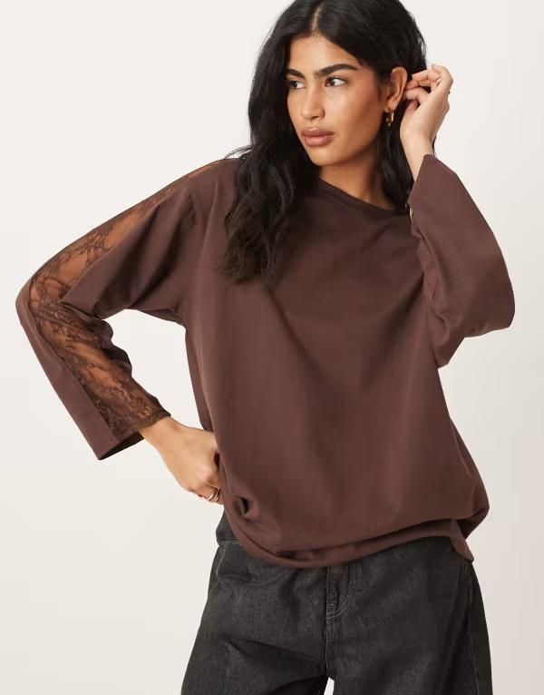 エイソス レディース アウター パーカー・スウェット レーストリム レース ASOS DESIGN long sleeve oversized top with lace trim detail in