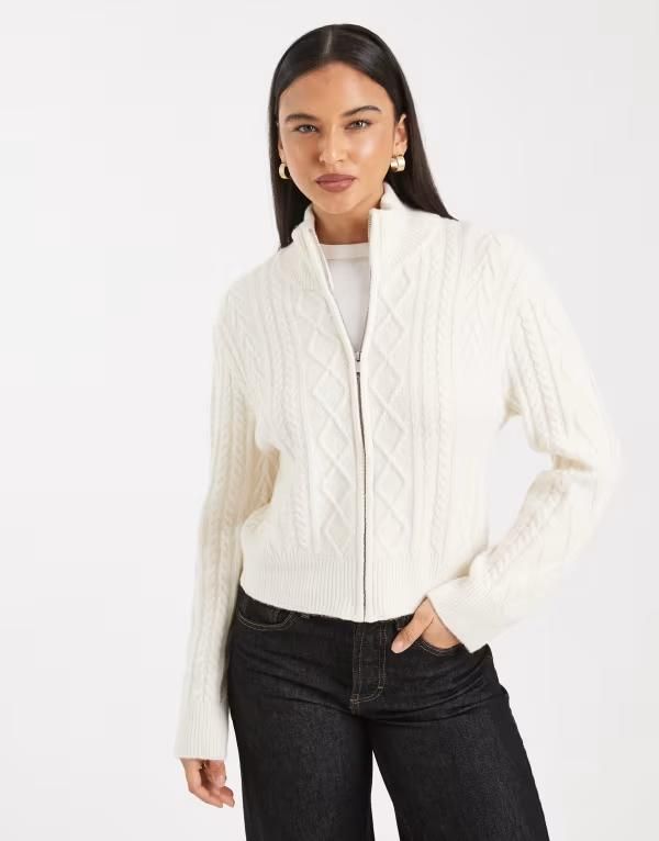 コットンオン レディース アウター ニット・セーター Cotton double zip cable knit sweater in porcelain Cable