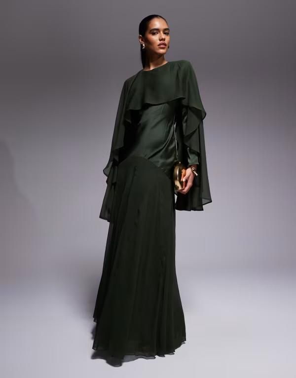 エイソス レディース トップス ワンピース シフォン ケープデザイン フリル サテン キャップ ケープ マキシ ASOS DESIGN cape detail ruffle chiffon satin