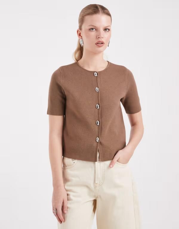 スリードベア レディース アウター カーディガン コントラスト ニット Threadbare short sleeve compact knit cardigan with contrast butt