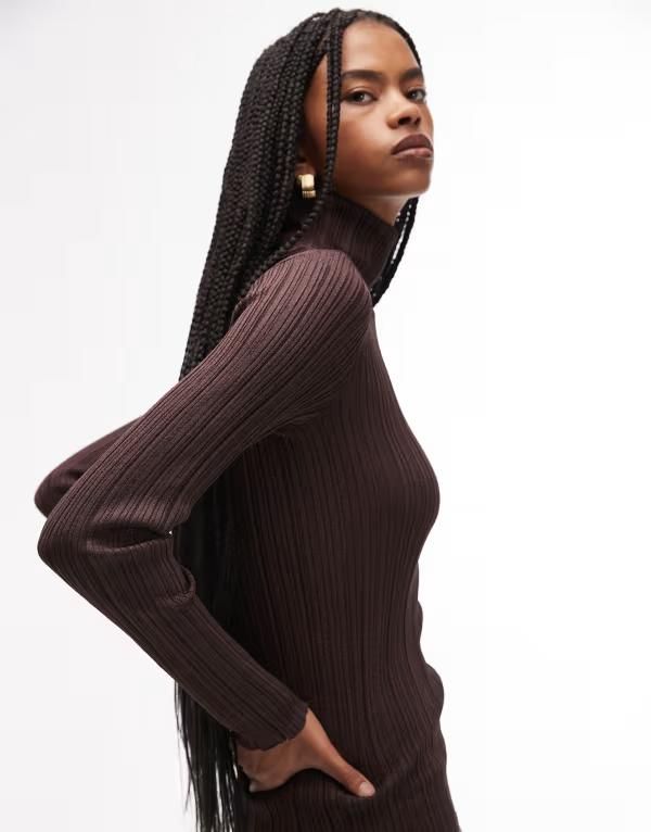 アンドアザーストーリーズ レディース アウター ニット・セーター リブ トール Other Stories metallic knit ribbed top with roll neck BROWN